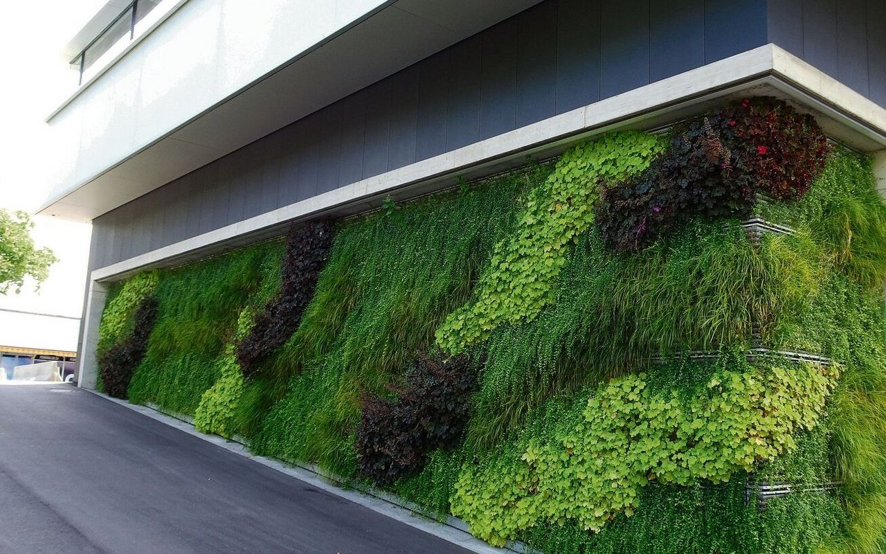 Das Postgebäude beim Bahnhof Bern ist teilweise mit einer grünen Wand überzogen.  