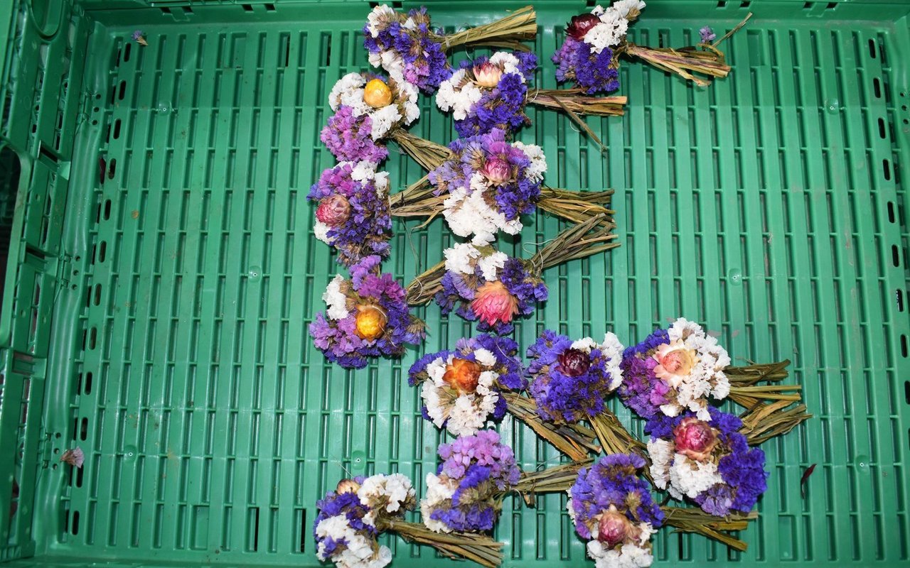 Ein kleines Blumensträusschen, bestehend aus Statizen und Strohblumen, macht einen Zwiebelzopf zu einem richtigen Hingucker.