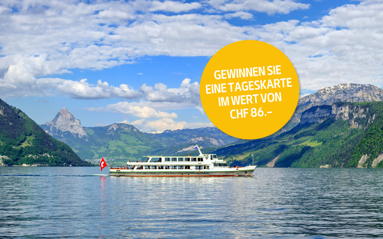 Gewinnen Sie eine Tageskarte für eine unvergessliche Schifffahrt auf dem malerischen Vierwaldstättersee.