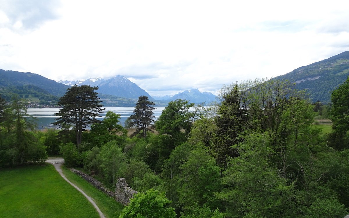 Blick von der Burgruine in Richtung des majestätischen Berges Niesen. 
